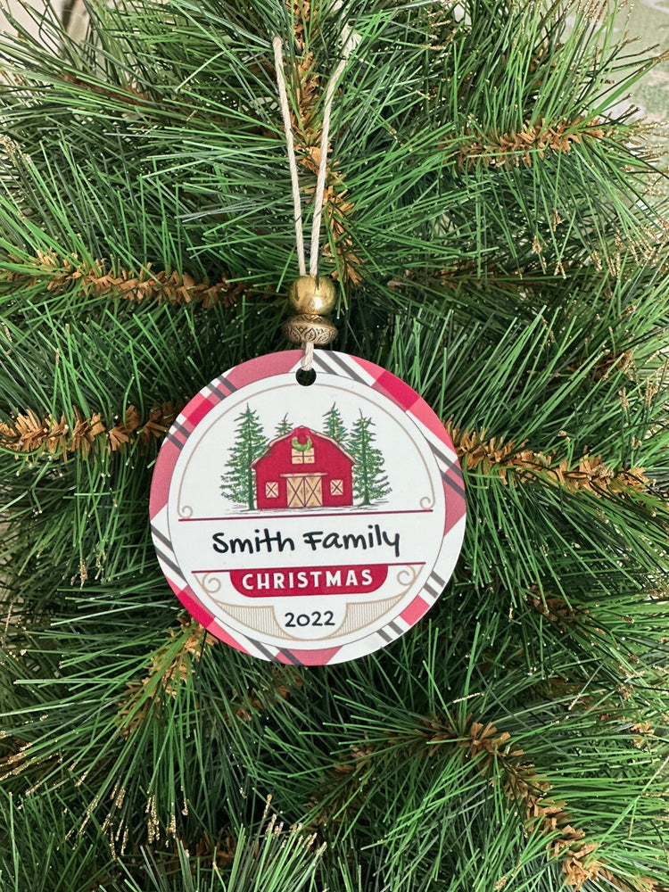 Red barn ornament with family name, Free Shipping