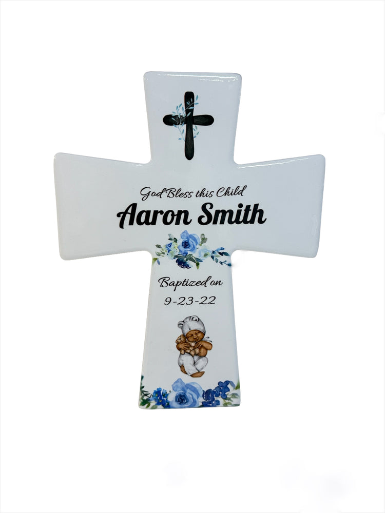 Ceramic Baptism Cross /Includes Name , Dates, Skin Tone (dark or light) 